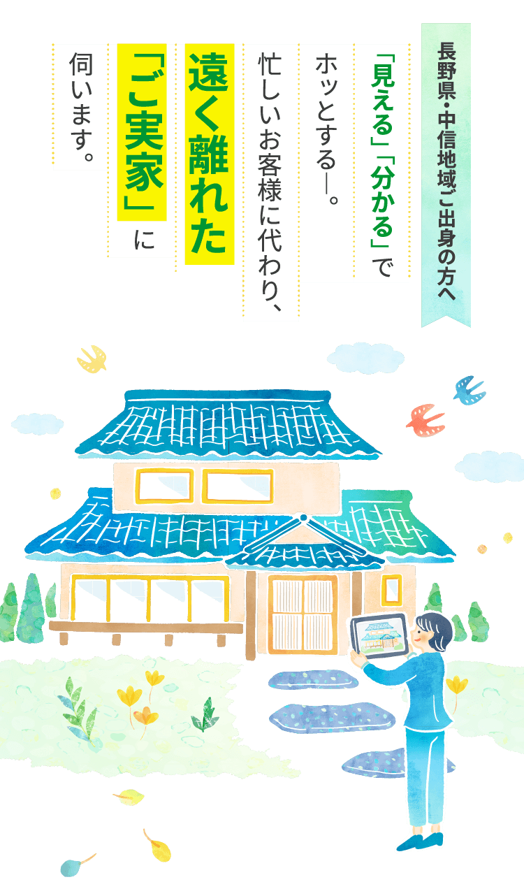 長野県・中信地域ご出身の方へ　「見える」「分かる」でホッとする―。忙しいお客様に代わり、遠く離れた「ご実家」に伺います。